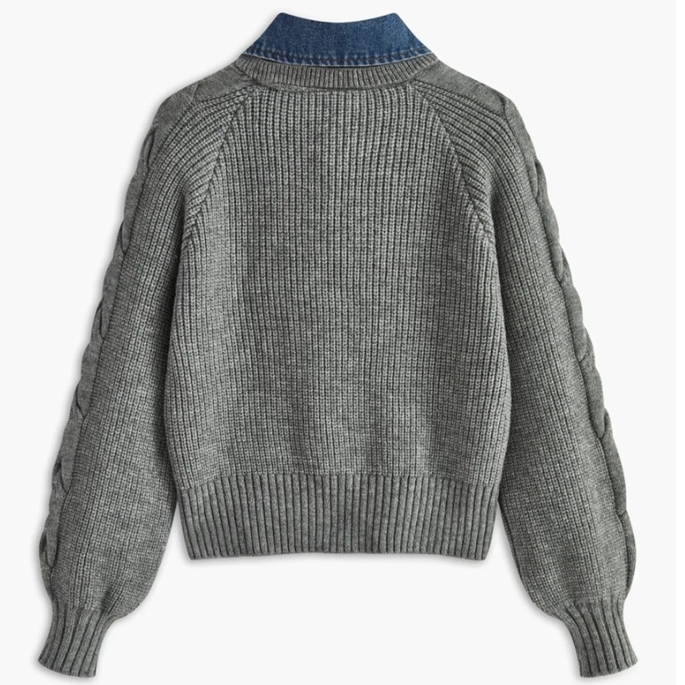 Commense Denim Panel Ribbed Lapel Sweater - Picture 2 of 2